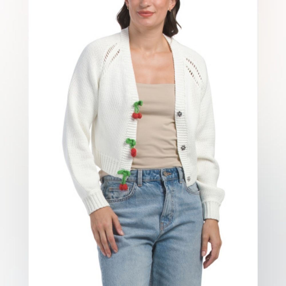 🩵NWT Sincerely Jules Ivory Cherry Crochet Knit Buttoned Sweater Large